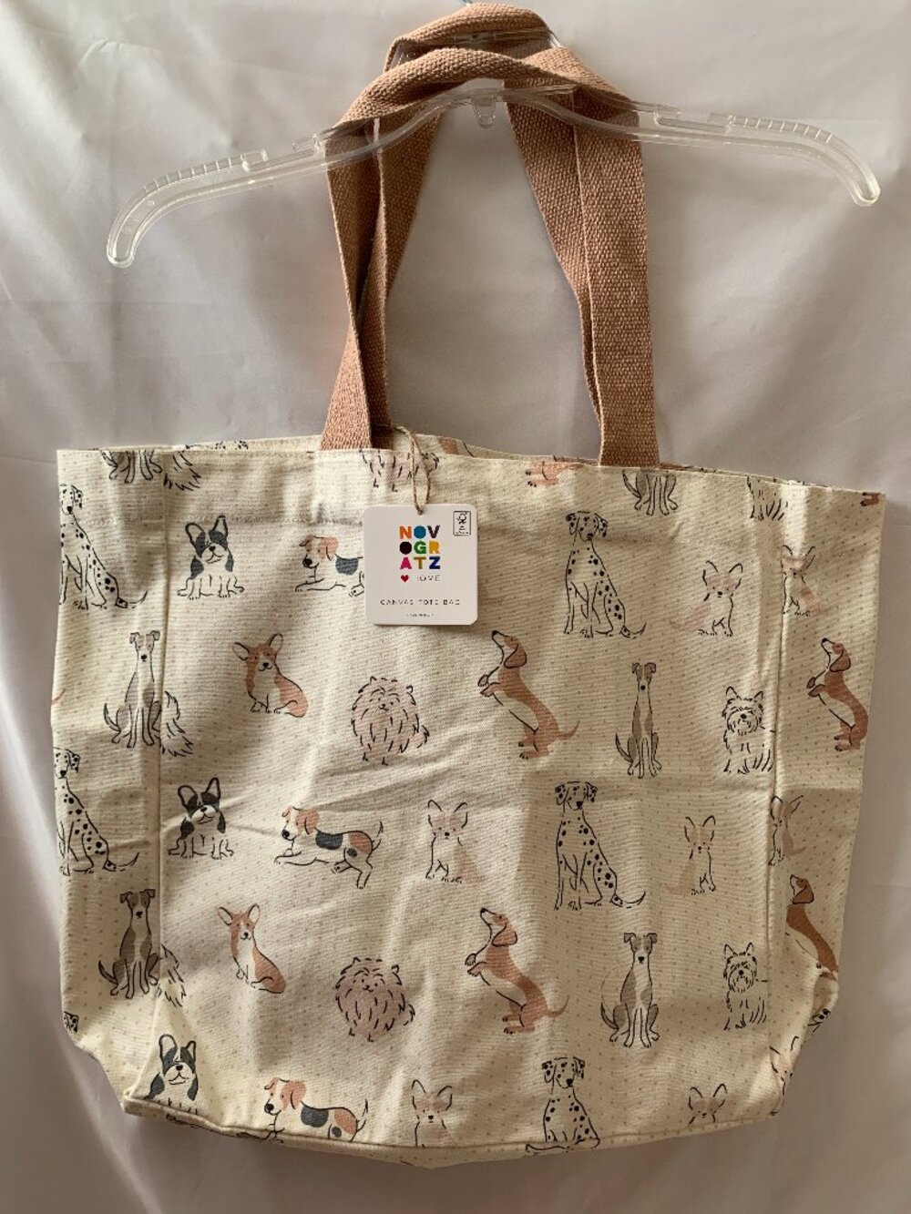 NOVOGRATZ Dogs & Polka Dot Printed Canvas Tote Bag in Khaki/Ivory